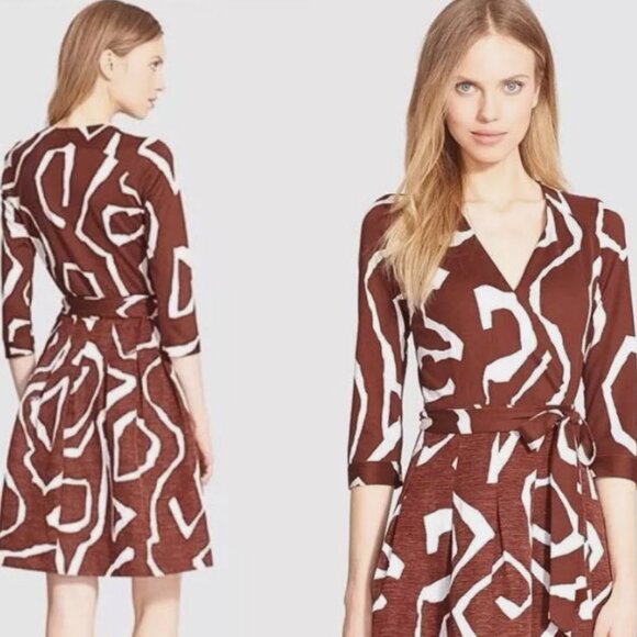 Diane Von Furstenberg Jewel Wrap Dress Giant Twirl Brown and White Midi Size 6 - Picture 1 of 16